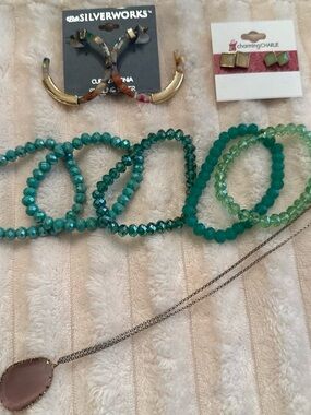 Teal & Light Green Beaded Stretch Bracelet Set; amethyst necklace; earrings